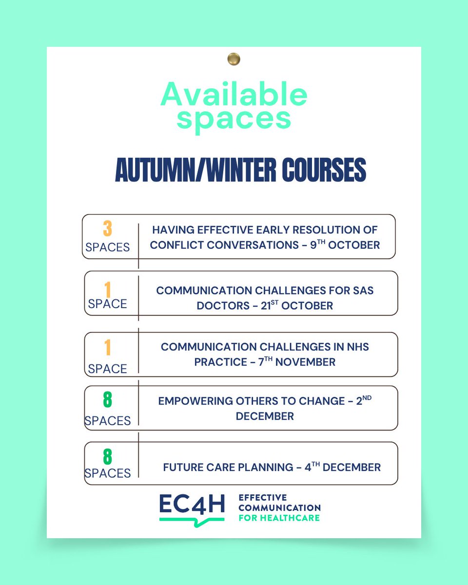 EC4H7's tweet image. An update on available spaces on our Autumn/Winter courses. Some new course dates have been added in December.
For more information or to book a place, head over to our website ⬇️
ec4h.org.uk