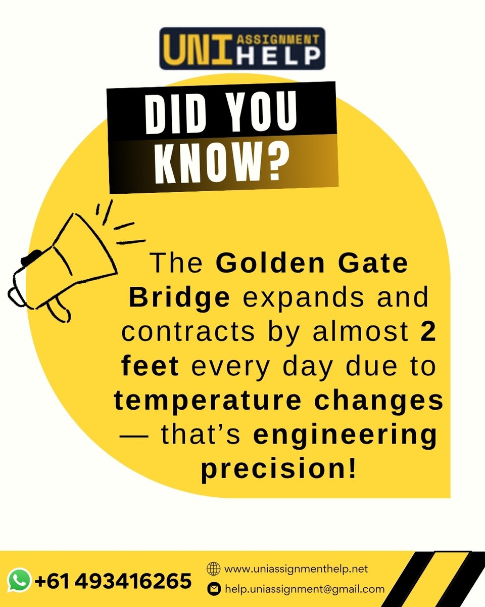 assignmentuni01's tweet image. 💡 Did You Know?
The Golden Gate Bridge expands and contracts by nearly 2 feet every day due to temperature changes! 🌡️
That’s pure engineering precision in action! 🏗️
#DidYouKnow #EngineeringFacts #Architecture #GoldenGateBridge #MechanicalEngineering