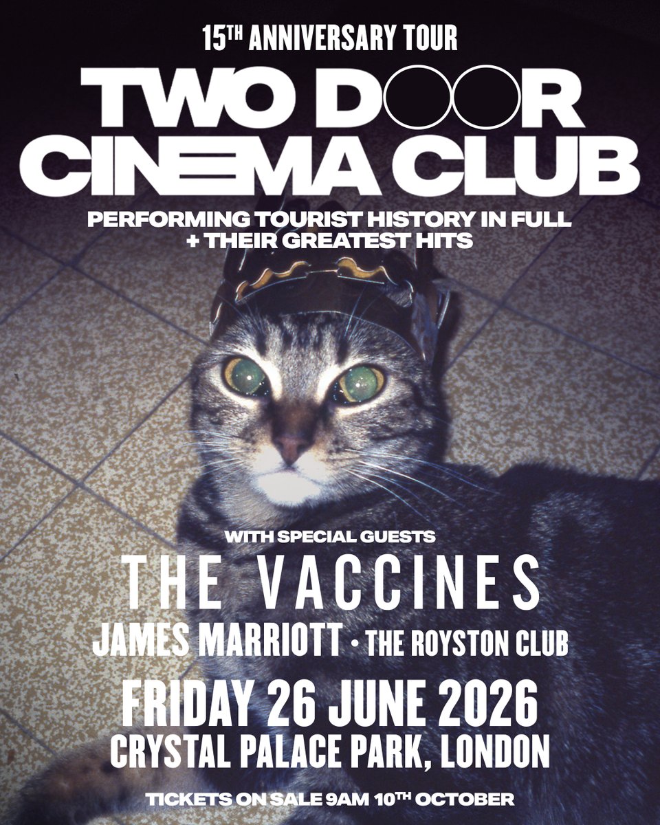 TDCinemaClub's tweet photo. LONDON SHOW ANNOUNCEMENT!
London is the first place outside of Ireland we called home, we recorded Tourist History in this city and it’s been the setting for so many iconic moments in our career. We’re proud to be Irish but this also feels like a hometown show for us. London knows how it’s done so we can’t wait to celebrate with you along with our special guests @thevaccines , @JamesMarriottYT and @TheRoystonClub .

Pre-sale will take place on Wednesday 8th October at 9am, sign up to our mailing list and you will receive a code and ticket link. General sale will take place on Friday 10th October at 9am.

https://t.co/tBdbr8BcQH