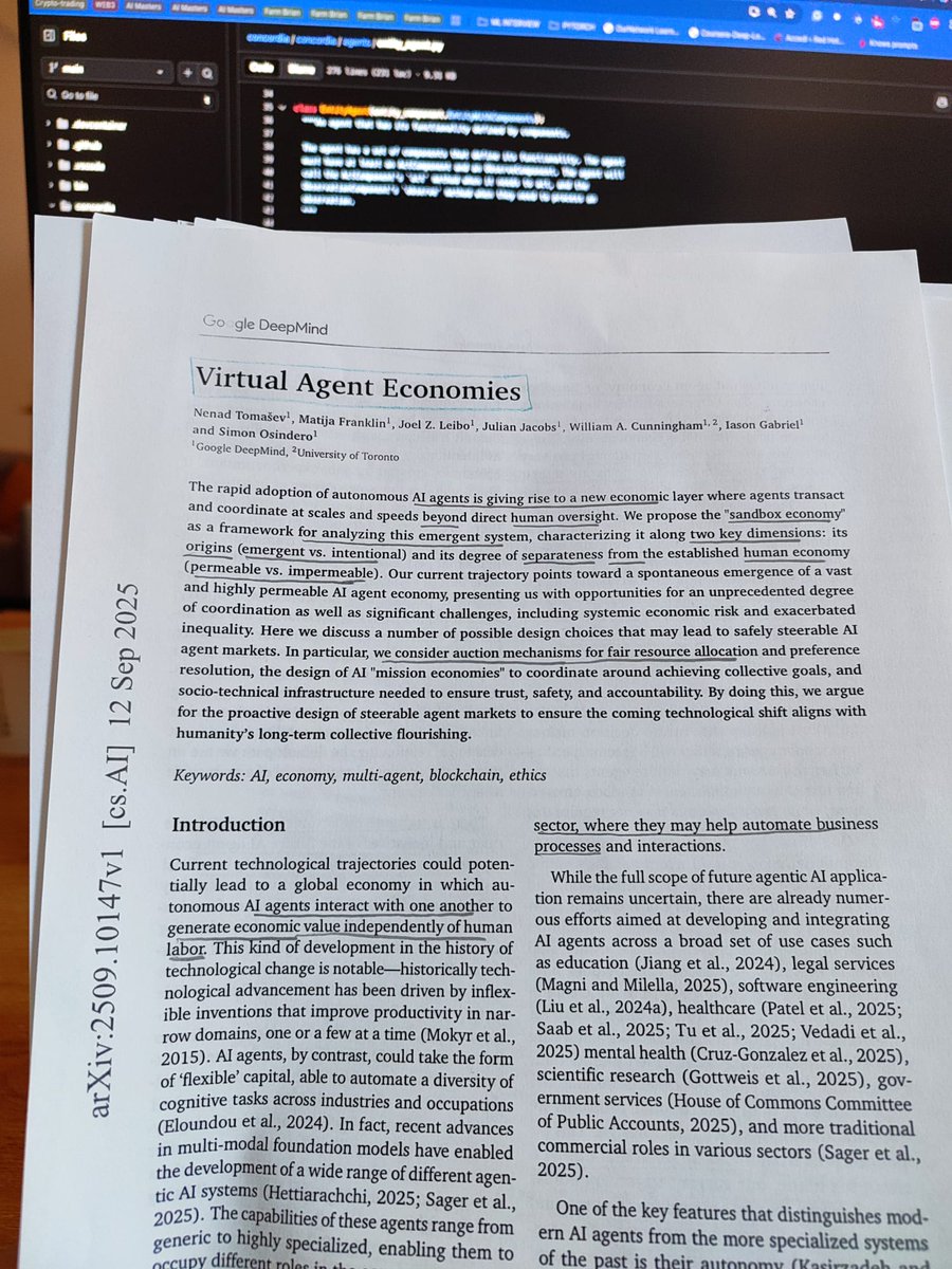 The rise of autonomous 𝐀𝐈 𝐚𝐠𝐞𝐧𝐭𝐬 isn’t a question of if, but about how we manage their interactions and how much of their own 𝐞𝐜𝐨𝐧𝐨𝐦𝐲 we allow to permeate into ours.

I recently read Google DeepMind's paper 𝑽𝒊𝒓𝒕𝒖𝒂𝒍 𝑨𝒈𝒆𝒏𝒕 𝑬𝒄𝒐𝒏𝒐𝒎𝒊𝒆𝒔, where the