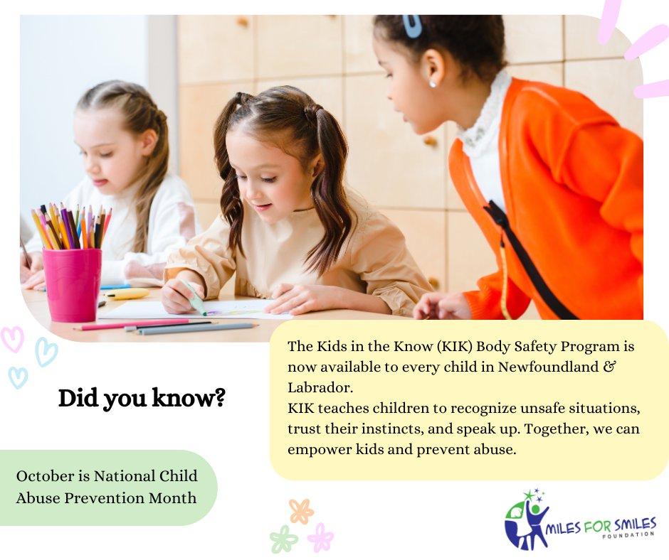 The Kids in the Know Body Safety Program is
now available to every child in Newfoundland and Labrador. Knowledge is power.
#childabusepreventionmonth 
<a href="/miles4smilesNL/">M4S</a> #bodysafetyNL