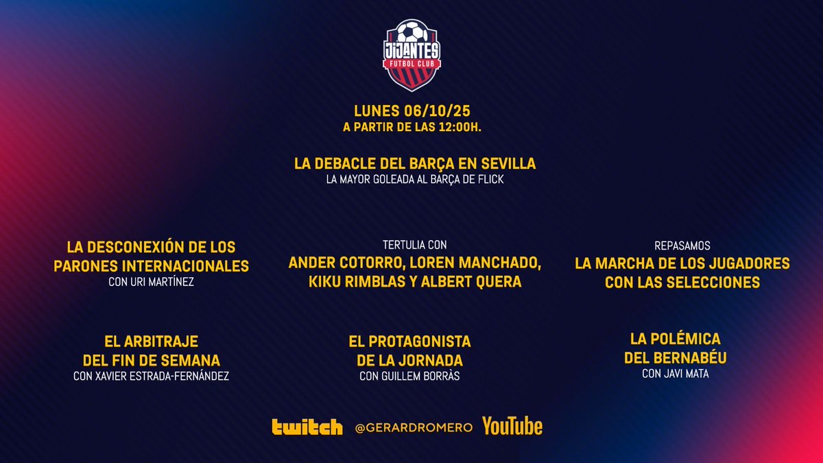 🚨 A PARTIR DE LAS 12:00h. con <a href="/gerardromero/">Gerard Romero</a>

⚠️ La debacle del Barça en Sevilla 

🗺️ Reapasamos los intencionales

👀 La desconexión de los parones con <a href="/UriiMartinezz/">uri martinez</a> 

📌 El protagonista de la jornada con <a href="/Guillembp01/">Guillem Borràs Pérez</a> 

🗣️ Tertulia con <a href="/LAManchado/">Lorenzo A. Manchado 🖤💙</a>, <a href="/Ander_Cotorro/">Ander Cotorro</a>, <a href="/AlbertQuera/">Albert Quera</a>
