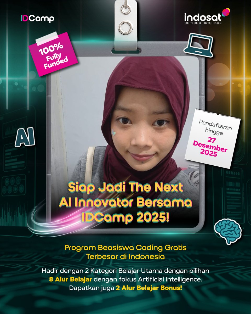 wwinternightt_'s tweet image. Ikut IDCamp 2025 bareng aku yuk !
Saatnya belajar AI dari dasar lewat beasiswa digital dari Indosat Ooredoo Hutchison x Dicoding.
Daftar di 👉 idcamp.ioh.co.id/login?referrer…
#IDCamp2025 #BelajarAI #Dicoding