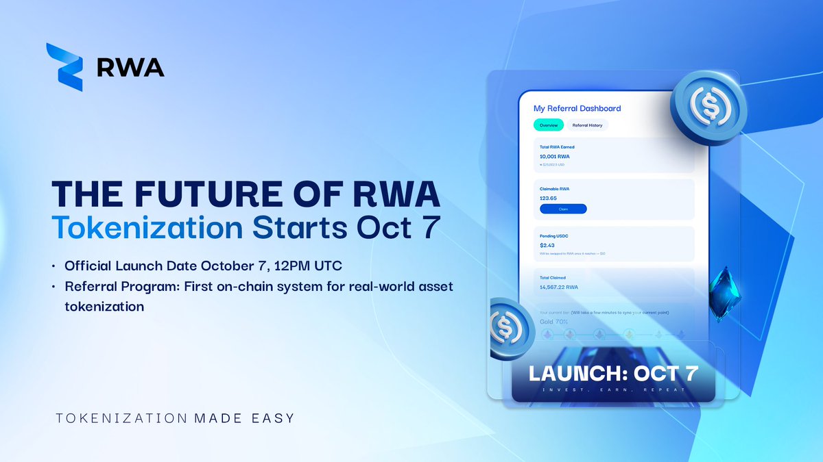 🔥 RWA Inc. – Time to Work Your Referrals! 🔥

Guys, remember a few days ago we posted about the RWA Referral Program? 👀
Well, the time has come to get into action and start earning.

➡️ Official Launch is October 7, 12 PM UTC
➡️ Earn up to 2% commission on every referral