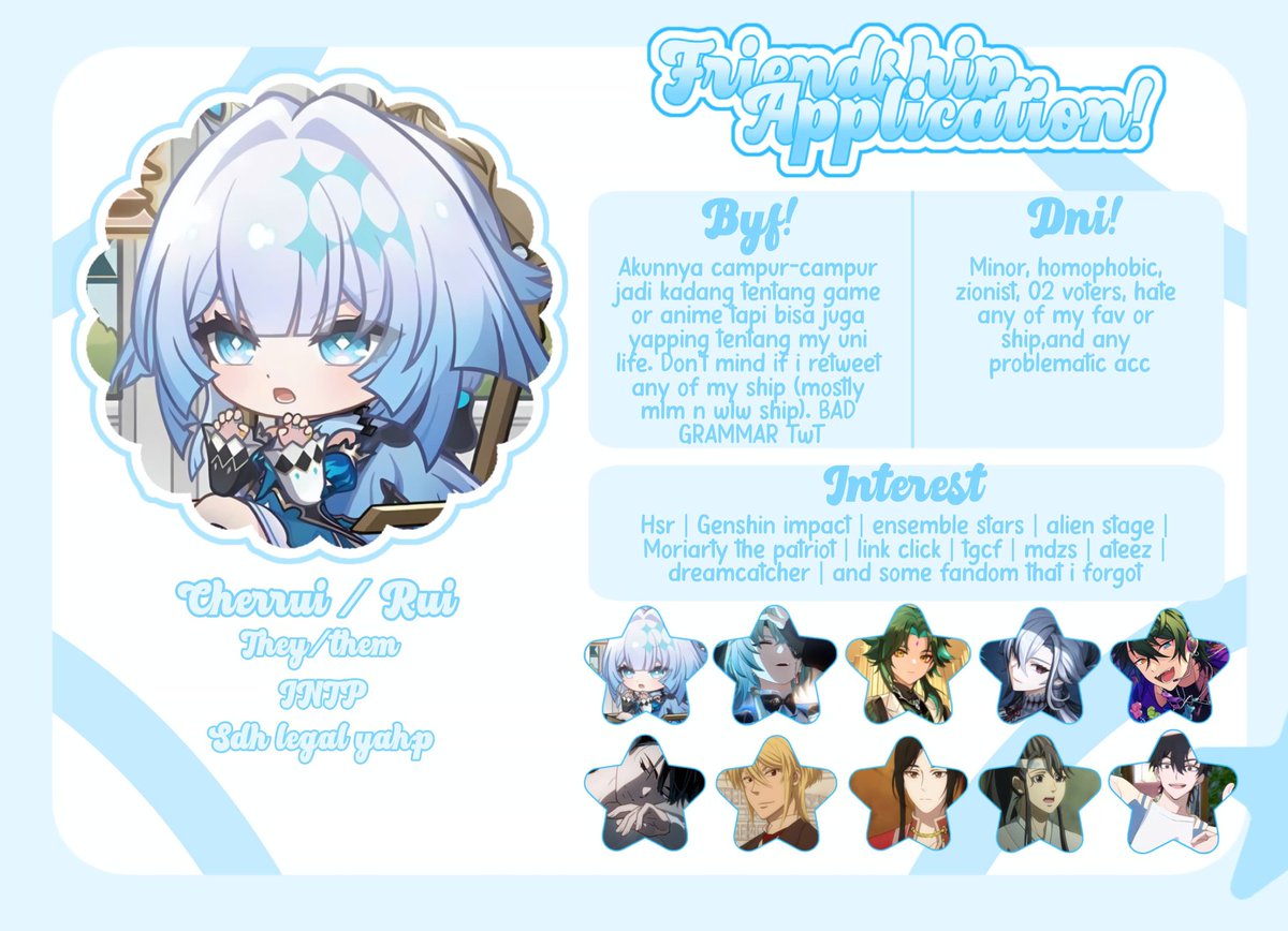 Refendeum's tweet image. HELLOW THERREE👋👋
so i'm actually looking for some moots cz i'm new here. Plis ayo berteman denganku, aku ga gigit kok😥
(⚠️MINOR, HOMOPHOBIC DNI PLEASEE) 
#Anitwt #ENSTARSTWT #genshintwt #hsrtwt #promotwtᅠ