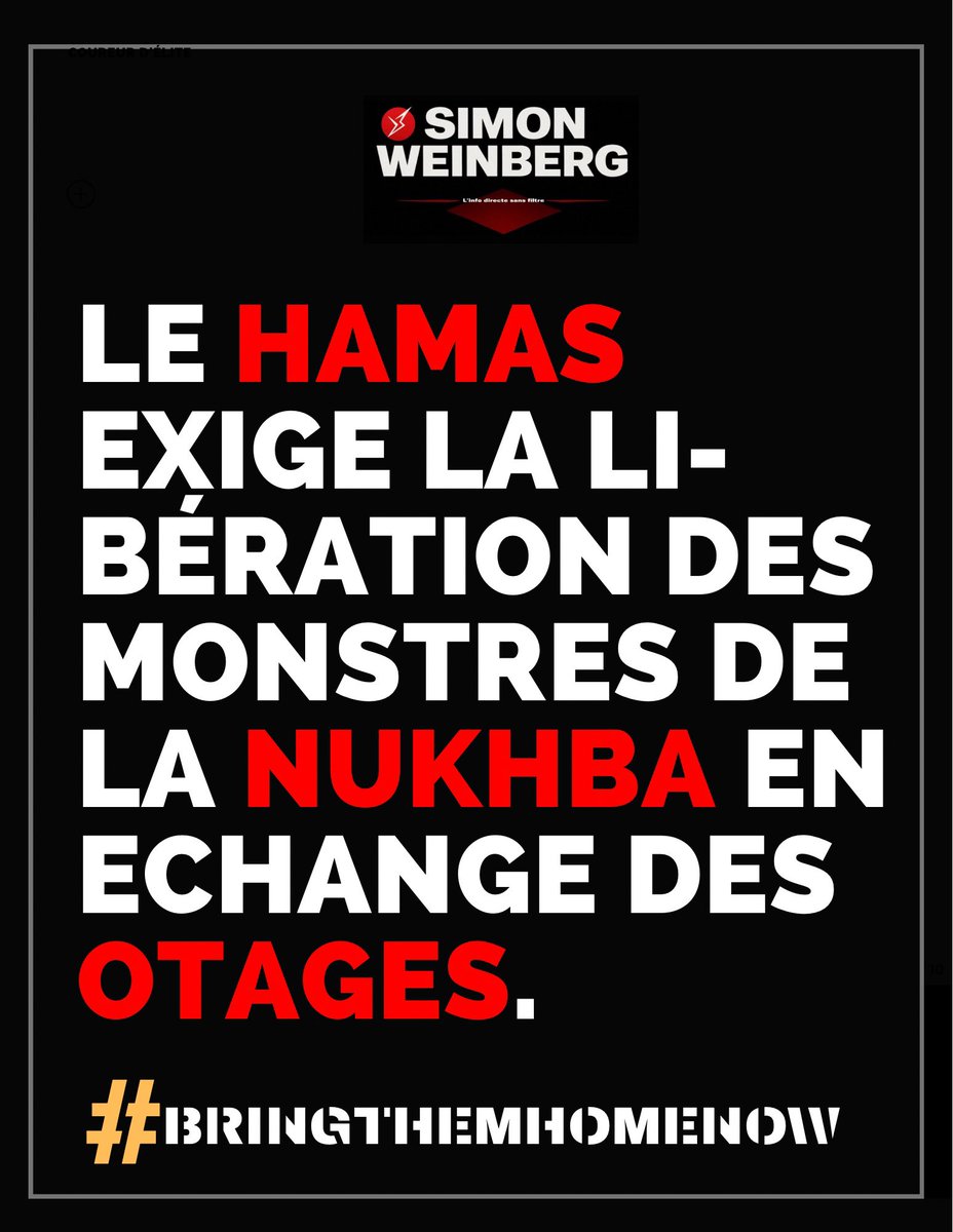 🔴🇮🇱 | OTAGES > Le Hamas exige la libération des monstres de la Nukhba en échange. Les négociations ont commencé. Et comme prévu, le Hamas relève la mise : Il exige la libération des terroristes de la Nukhba, directement impliqués dans les massacres du 7 octobre.

Ce sont eux qui