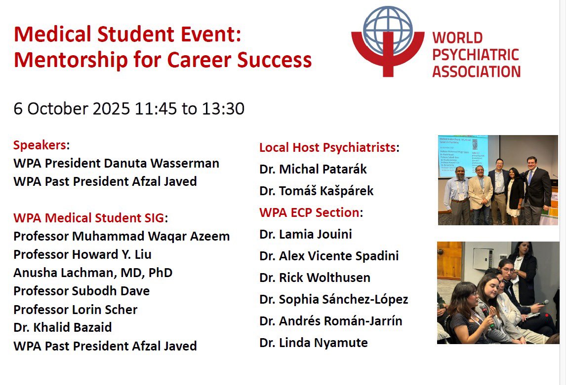 For any med students attending #WCP25, we are so excited to meet you! 

This session today is all about mentorship.

From our WPA President and Past President to distinguished local, international, &amp; early career mentors, it will be a great discussion in Club A today at 11:45 am!