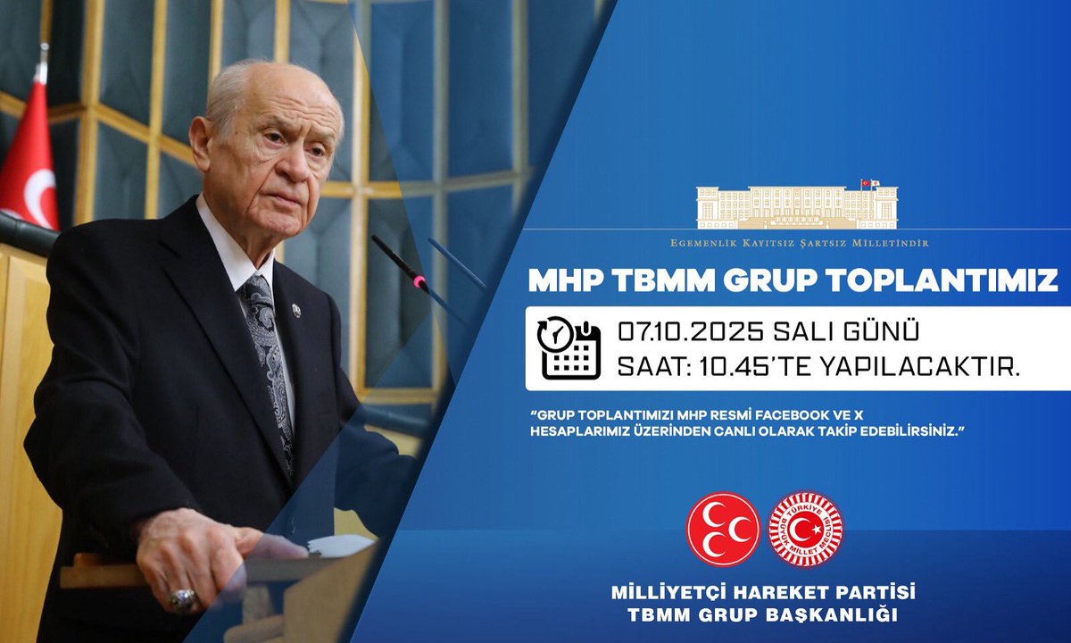 MHP TBMM Grup Toplantımız #07Ekim2025 Salı günü (Yarın) Saat:10.45'te yapılacaktır.

MHP TBMM GRUP BAŞKANLIĞI
<a href="/MhpTbmmGrubu/">MHP TBMM Grubu #MHP</a>