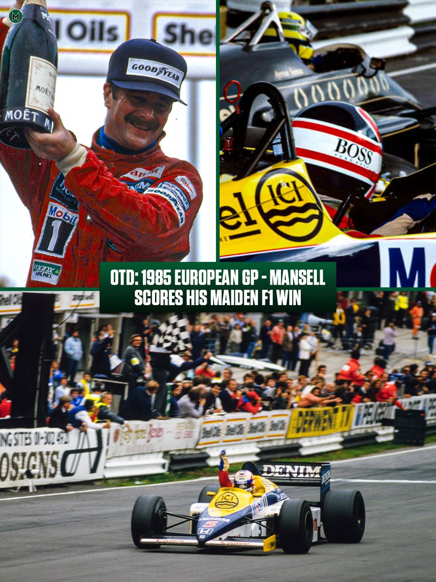 40 years ago today, Nigel Mansell scored his maiden F1 win at the 1985 European Grand Prix - held at Brands Hatch 🏁

Mansell, driving for Williams-Honda, won by 21sec from the Lotus-Renault of Ayrton Senna.

The Englishman would go on to take a second straight victory at the
