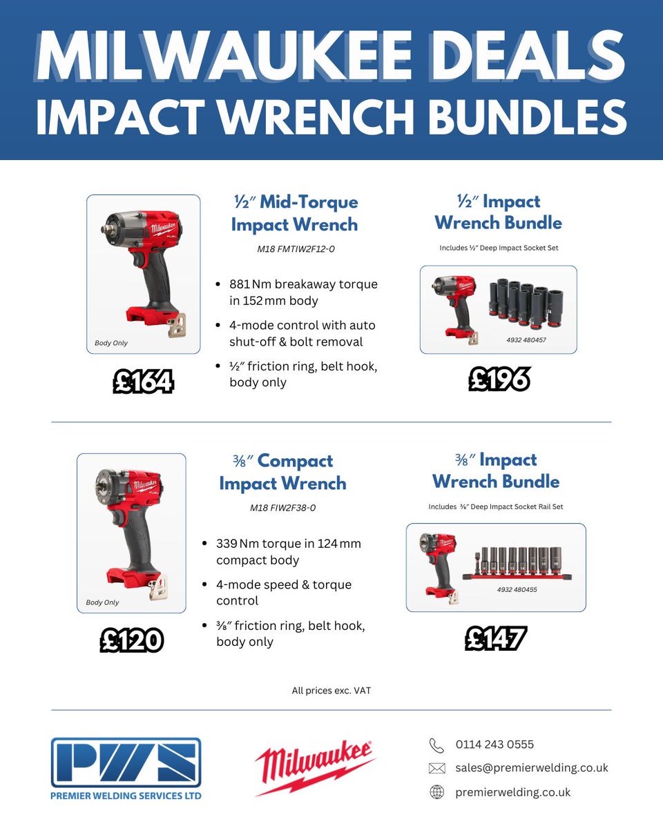 Milwaukee Deals are here!

Save on our latest Impact Wrench Bundles from Premier Welding Services.

Reliable tools. Great prices. Limited-time offers.

Browse our full <a href="/MilwaukeeTool/">Milwaukee Tool</a> range 👉 shorturl.at/5FbXU