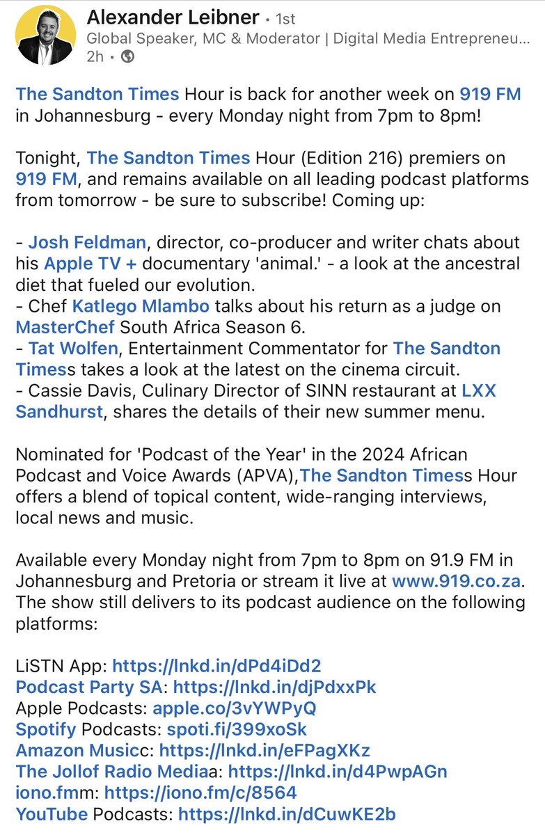 Super excited to talk to my long time industry colleague Alexander Leibner on his show <a href="/sandtontimes/">The Sandton Times | Lifestyle Media</a> hour tonight 7-8pm <a href="/Ifeel919/">919 FM</a> about <a href="/animaldocfilm/">animal.</a> #youarewhatyoueat #truth #food #ancestralhealth #healing 🙏❤️🥩