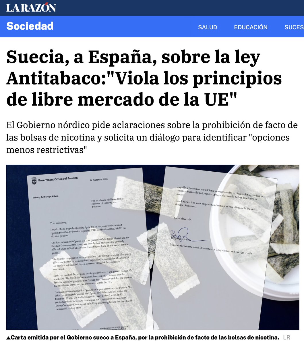 🔥¡BOMBAZO! 🔥El gobierno sueco escribe a España para quejarse de los efectos que provocará la ley "antitabaco" de Mónica García

‼️Esto es una acción diplomática SIN PRECEDENTES, Suecia expresa su "seria preocupación" por esta ley y solicita un dialogo bilateral para identificar