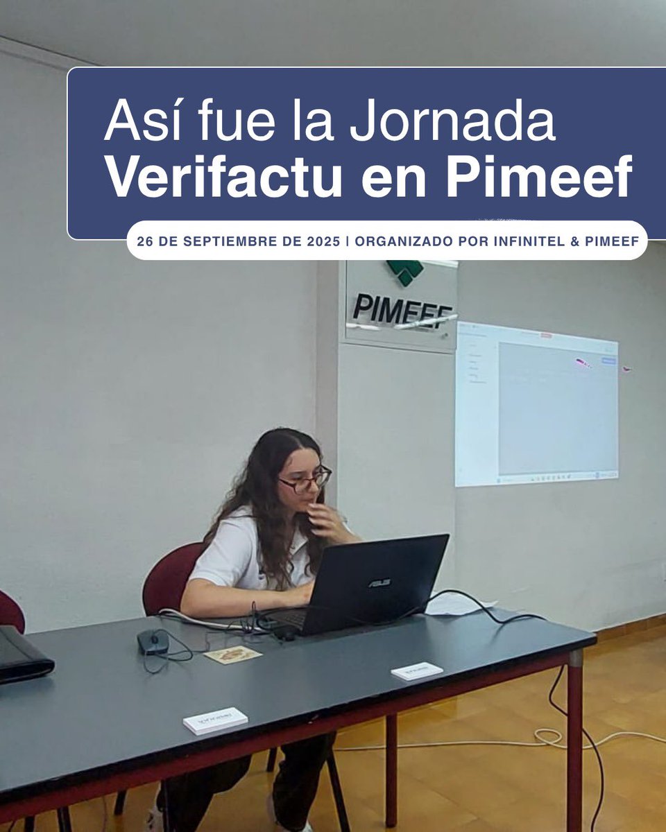 Infinitel_es's tweet photo. El 26/09 en colaboración con Pimeef, celebramos una jornada sobre #Verifactu para autónomos, pymes y empresas.

Ponencias, demos de Prana, Ágora y Exit ERP, y muchas dudas resueltas ✅

👉 Mira las presentaciones en YouTube: https://t.co/ay6QDNgGD6 https://t.co/uTNwMdyuST