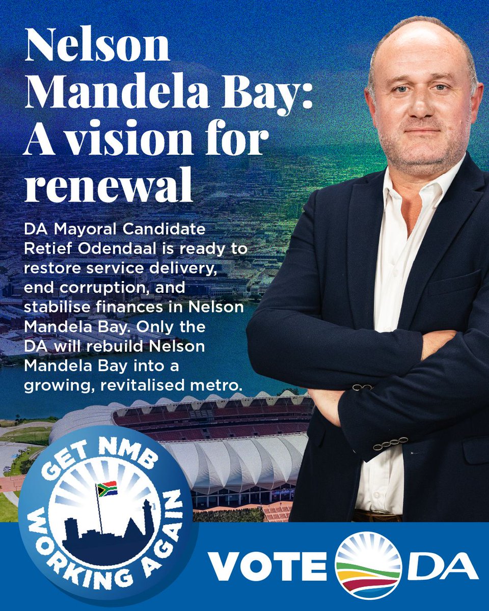 Our_DA's tweet image. 📌 DA Mayoral Candidate Retief Odendaal is ready to get Nelson Mandela Bay working again, restoring service delivery, rooting out corruption, and putting the metro’s finances back on track. Only the DA can rebuild NMB into a city that works for all residents.

#GetNMBWorkingAgain