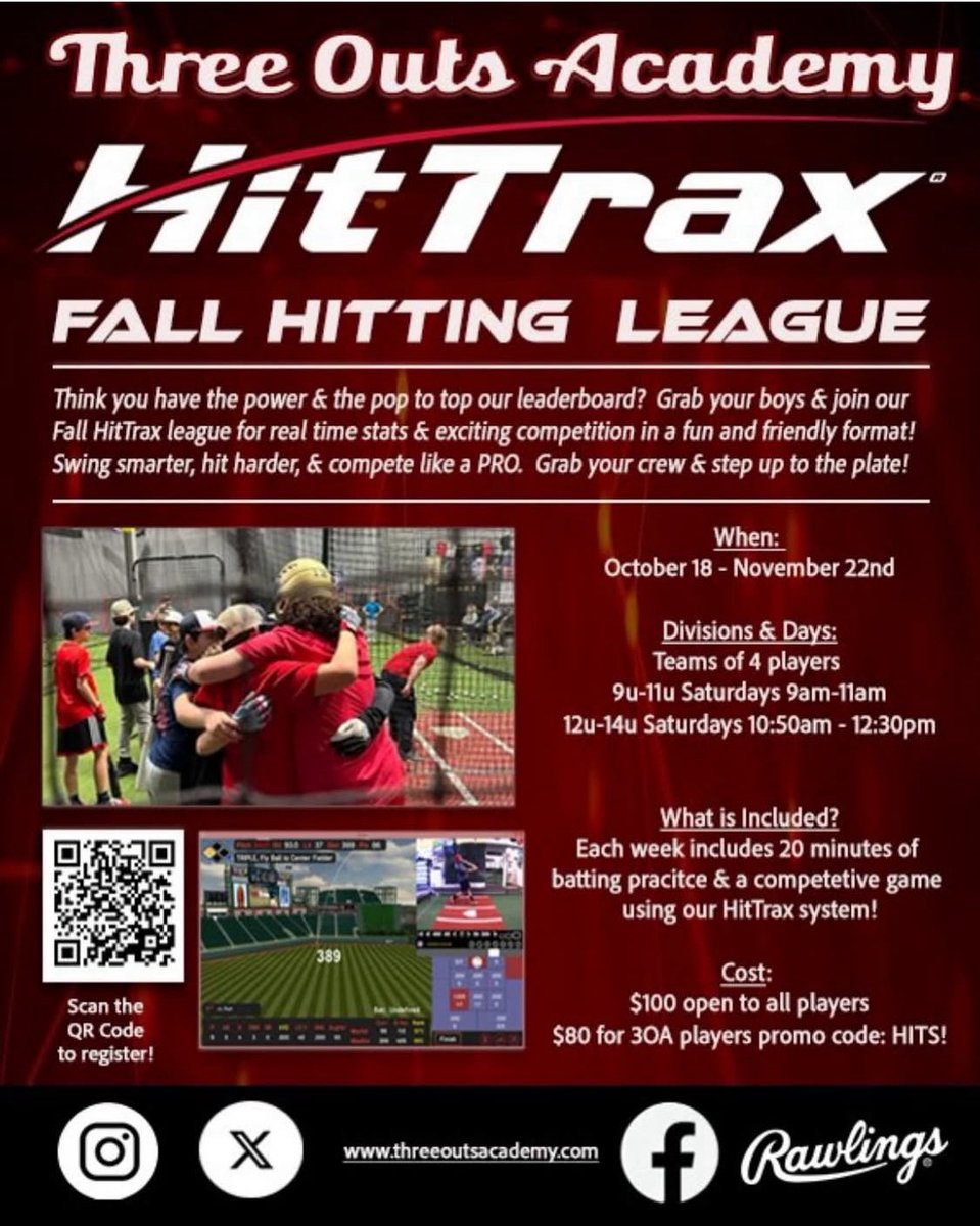 ⚾️🔥Catch barrels, track your stats, &amp; compete in the ultimate indoor baseball competition! 

Limited spots remain!  Registration for 3OA Fall HitTrax League is now open.  Space is limited Register using the link below:

threeoutsacademy.com/program/three-…

#HitTrax #3OA