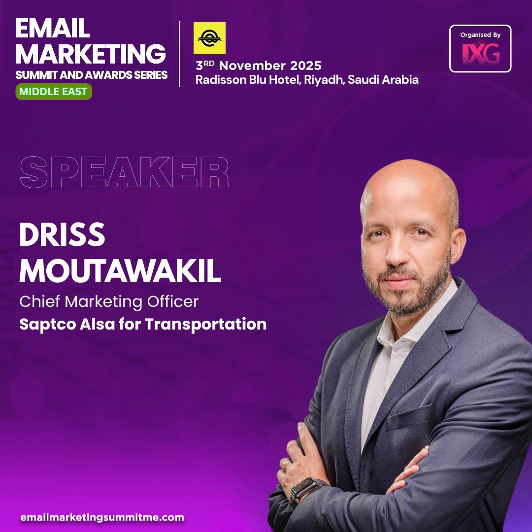Influence Exchange Group (@ixg2024) on Twitter photo We’re honoured to have Mr. Driss Moutawakil, Chief Marketing Officer at <a href="/saptcoSA/">سابتكو | SAPTCO</a> as distinguished speaker for the Email Marketing Summit Middle East 2025 which will take place on November 3rd in Riyadh, Saudi Arabia.
#influenceexchangegroup #emsasme2025 We’re honoured to have Mr. Driss Moutawakil, Chief Marketing Officer at <a href="/saptcoSA/">سابتكو | SAPTCO</a> as distinguished speaker for the Email Marketing Summit Middle East 2025 which will take place on November 3rd in Riyadh, Saudi Arabia.
#influenceexchangegroup #emsasme2025