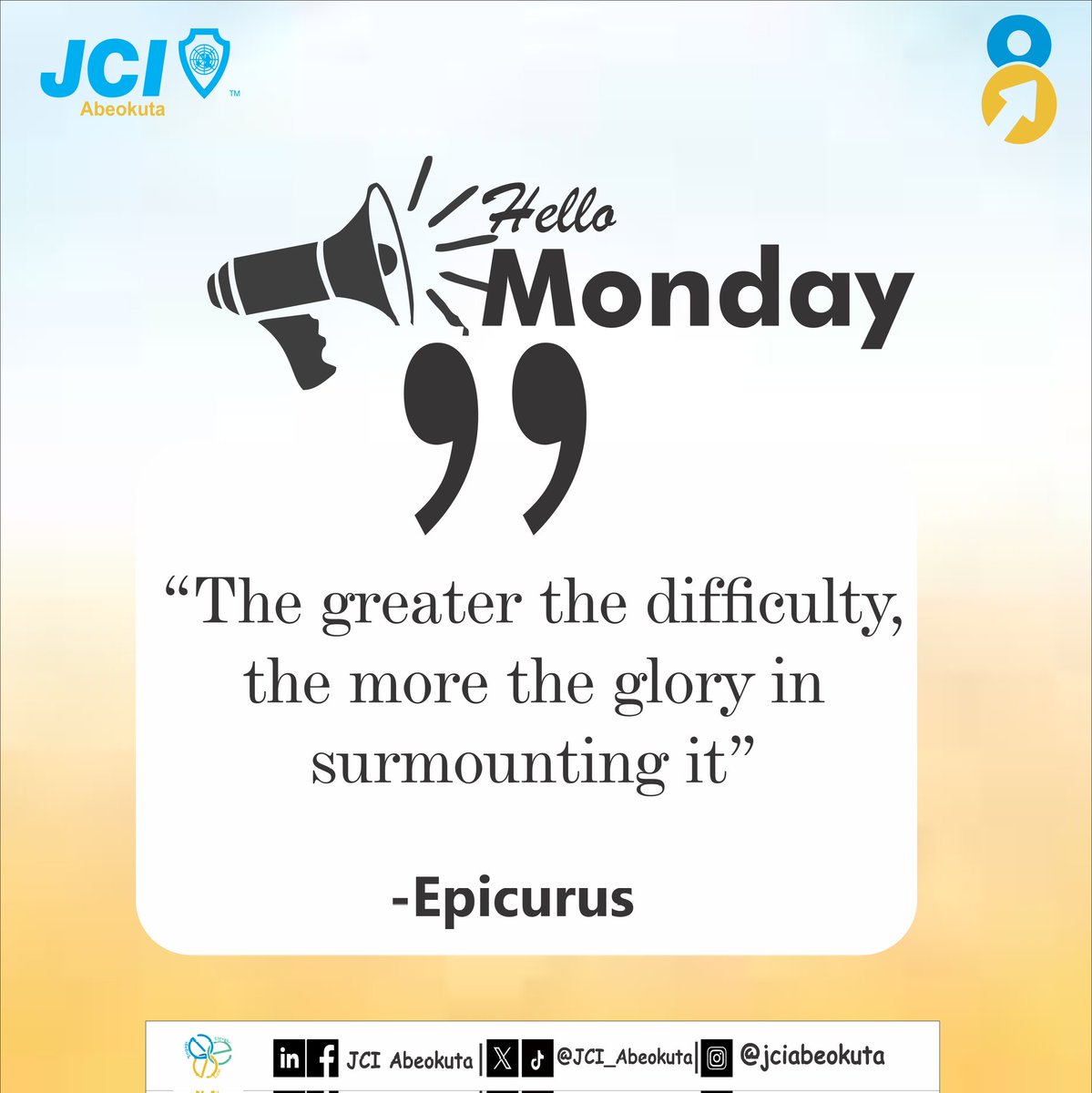 JCI_Abeokuta's tweet image. Just as tough times don&apos;t last and tough people do. Keep pushing for glory 🚀.

Happy Monday 😊.

#mondaymotivation 
#EngageElevateExcel
#JCIAbeokuta
#JCINigeria
#ELV8
#JCI