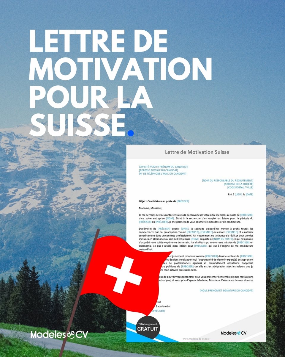 ModelesdeCV's tweet photo. 🇨🇭 Vous cherchez un emploi en Suisse ?

Voici un exemple de lettre de motivation adaptée aux recruteurs suisses 💼

👉 Téléchargement gratuit : https://t.co/nH2hSxKO3P

#lettredemotivation #emploi #suisse #cv #modelesdecv https://t.co/NBFkJyG9go