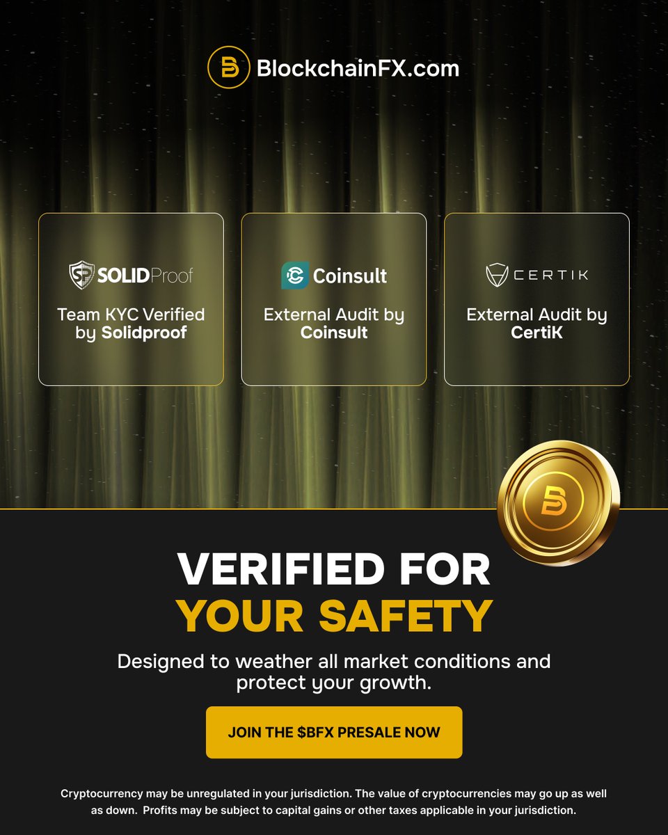BlockchainFXcom's tweet image. 🔒 Verified for Your Safety.

BlockchainFX is backed by SolidProof, Coinsult, and Certik, ensuring transparency, security, and trust.

Your growth is protected with a team that’s dedicated to your safety.

Join the $BFX presale now 👉 BlockchainFX.com

#BFX #BlockchainFX…