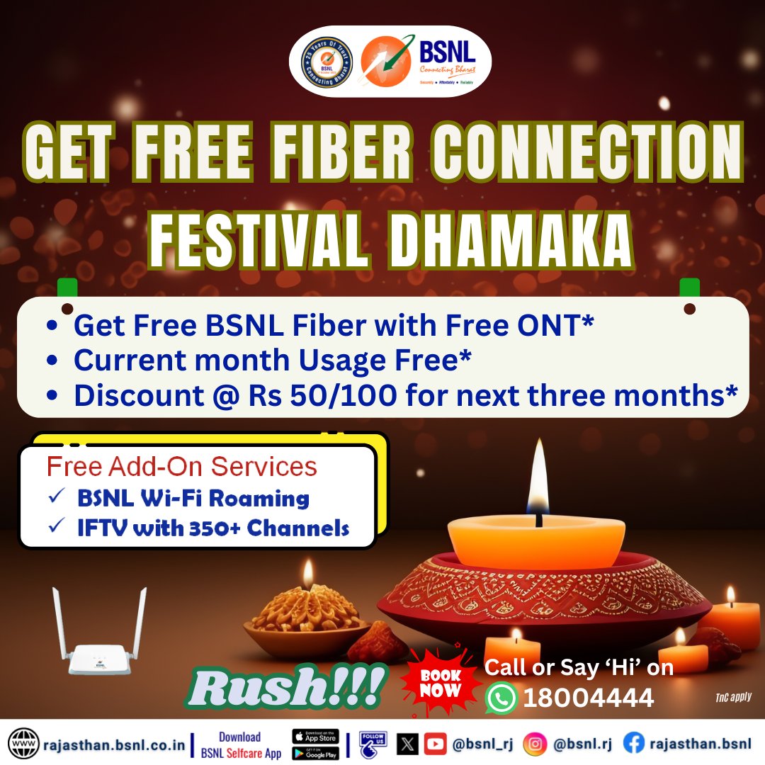 BSNL_RJ's tweet image. #BSNL Festival #Dhamaka🚀!
🆓Get service for the installed calendar month! 🆓Enjoy Live TV, Blockbuster Movies, and On-Demand Shows — all with your BSNL FTTH connection. 🆓Enjoy WiFi roaming

Plus...
✨Enjoy high-speed 🚀internet with ₹50/month OFF on Plan 449 &amp;amp; ₹100/month OFF…