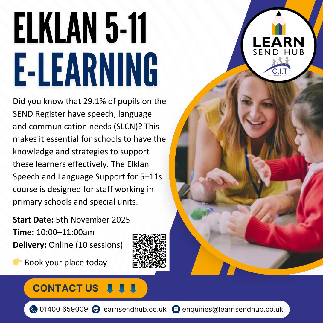 LEARNSENDHub's tweet image. Did you know 29.1% of pupils on the SEND Register have speech, language & communication needs? Join our Elklan 5–11s Level 3 course to build practical skills & support every child to find their voice. 💬
Starts 5 Nov | Online | Accredited
bit.ly/4gTlGtG
@CITacademies