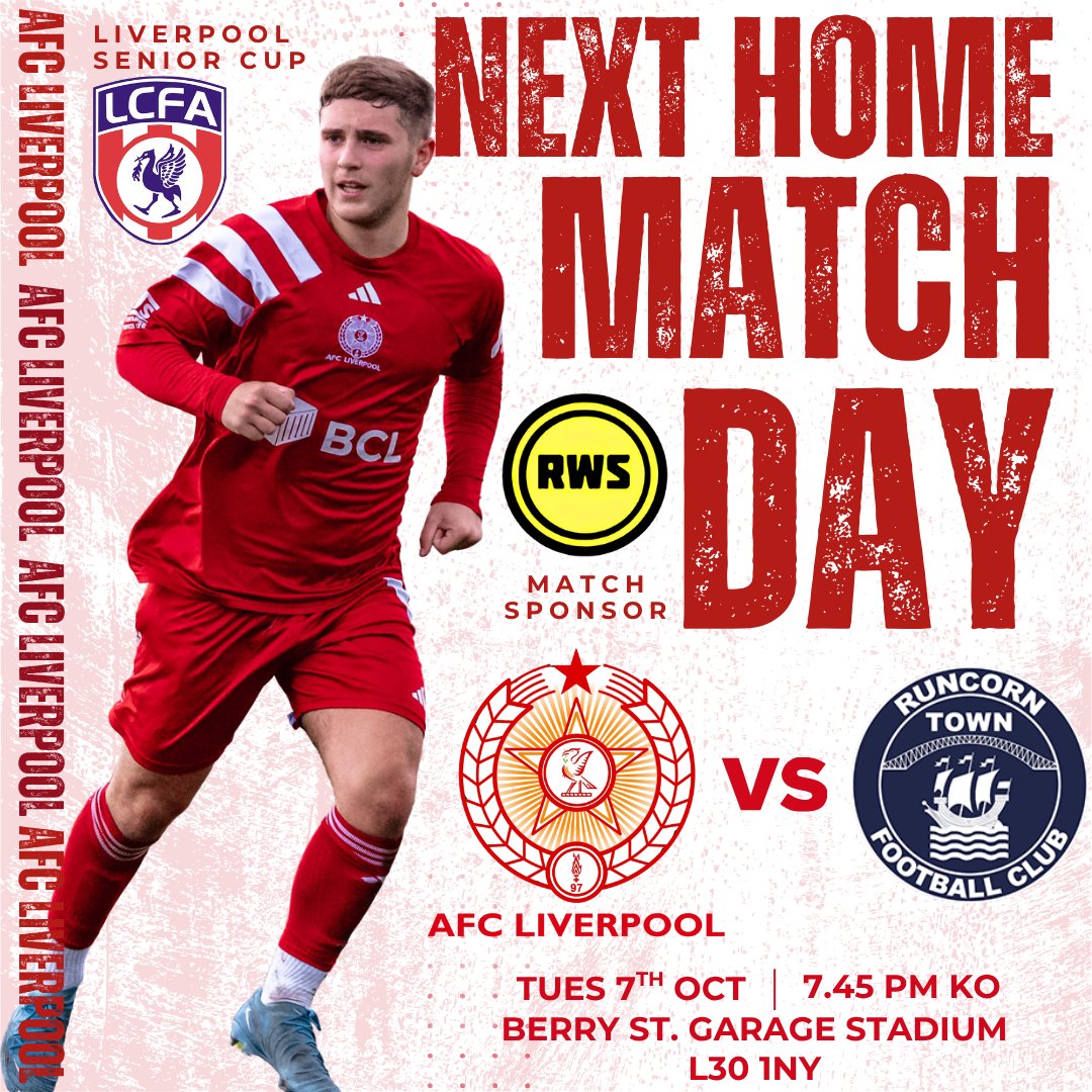 AFC Liverpool🔴⚪️⚽️ (@afcliverpool) on Twitter photo Tomorrow Night under the lights!
🏆| LIVERPOOL SENIOR CUP
🆚| <a href="/RuncornTown/">Runcorn Town FC</a>
📍| Berry Street Garage Stadium
🚗| 4 Vesty Rd, Bootle L30 1NY
📅| Tuesday 7th October 
⏰| KO 7:45 PM 
💰| £7 Adults, £4 Concessions, £2 U18s
UTNLR! 🔴⚽👊
Match Sponsor: <a href="/Rwslpool/">RWS Printing & Embroidery</a> Tomorrow Night under the lights!
🏆| LIVERPOOL SENIOR CUP
🆚| <a href="/RuncornTown/">Runcorn Town FC</a>
📍| Berry Street Garage Stadium
🚗| 4 Vesty Rd, Bootle L30 1NY
📅| Tuesday 7th October 
⏰| KO 7:45 PM 
💰| £7 Adults, £4 Concessions, £2 U18s
UTNLR! 🔴⚽👊
Match Sponsor: <a href="/Rwslpool/">RWS Printing & Embroidery</a>