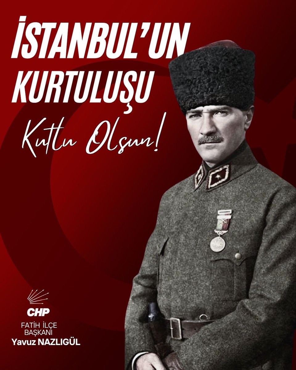 6 Ekim 1923’te, düşman işgalinden kurtulan İstanbul yeniden özgürlüğe kavuştu.
Bu zafer; Mustafa Kemal Atatürk’ün önderliğinde verilen büyük mücadelenin, inancın ve halkın direnişinin eseridir.

Kurtuluşun, özgürlüğün ve Cumhuriyetin kenti İstanbul’un Kurtuluş Günü kutlu olsun!