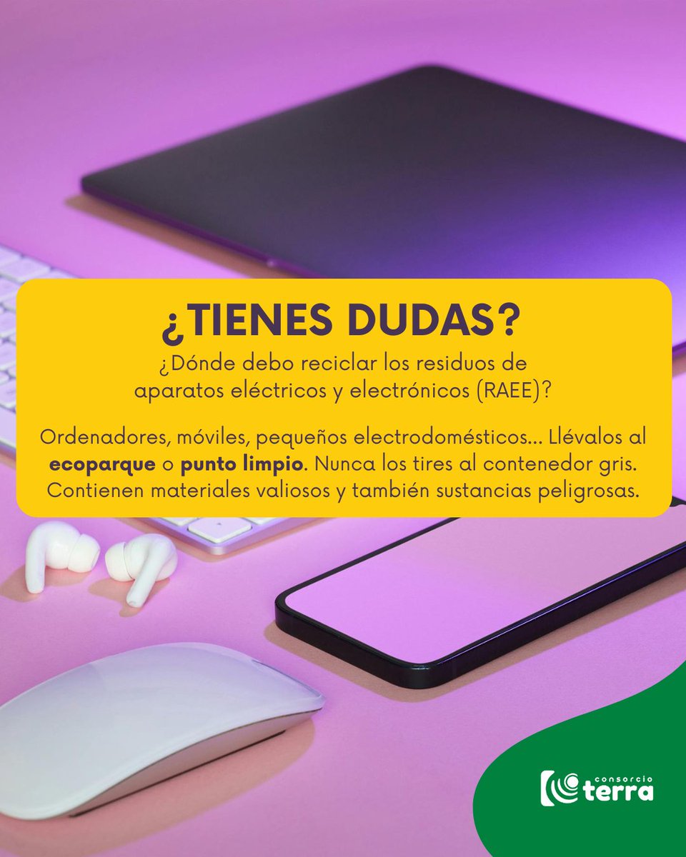 Consorcio TERRA - Área de Gestión A2 (@rsu7a2) on Twitter photo 💻📱 Los Residuos de Aparato Eléctricos y Electrónicos (RAEE) no deben tirarse al contenedor de restos.
➡️ Llévalos siempre al ecoparque o punto limpio más cercano, donde se gestionan de forma segura para recuperar materiales y evitar contaminación. 💻📱 Los Residuos de Aparato Eléctricos y Electrónicos (RAEE) no deben tirarse al contenedor de restos.
➡️ Llévalos siempre al ecoparque o punto limpio más cercano, donde se gestionan de forma segura para recuperar materiales y evitar contaminación.