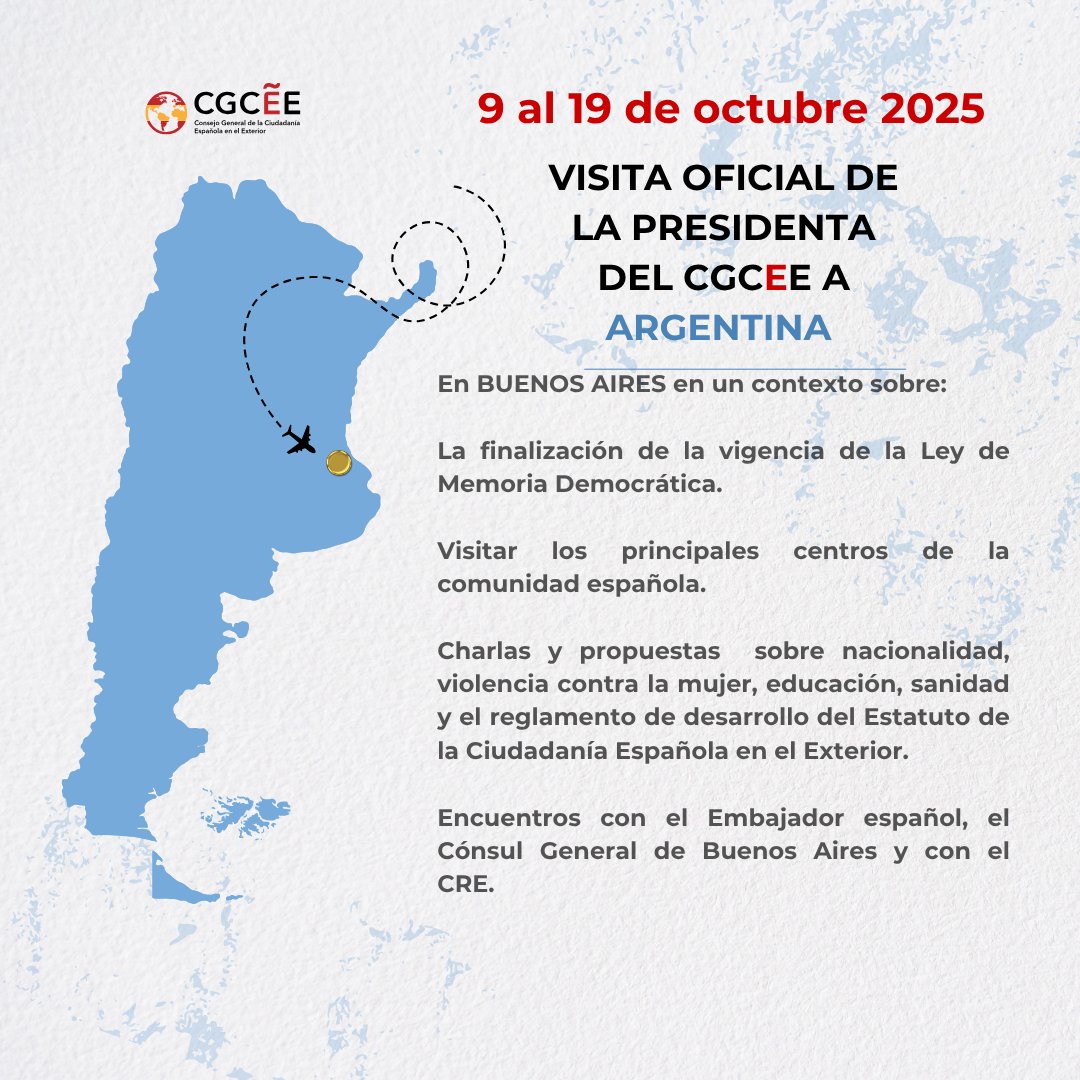 9 al 19 de octubre, la presidenta del CGCEE, Dª Violeta Alonso, realizará visita oficial a Argentina. Actividades programadas en Buenos Aires y Córdoba. Objetivo acercar la labor del Consejo a la colectividad española en Argentina, país con mayor número de residentes españoles.