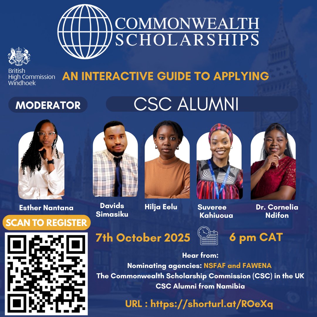🎓 Discover Commonwealth Scholarship opportunities! 🌍
Join us on 7 Oct, 18:00–20:00 for a virtual session featuring CSC UK, NSFAF, FAWENA &amp; Namibian alumni.

🔗 Register: events.teams.microsoft.com/event/7531e8b9…
#CommonwealthScholarships #CSCAlumni #NamibiaEducation #ApplyCSC