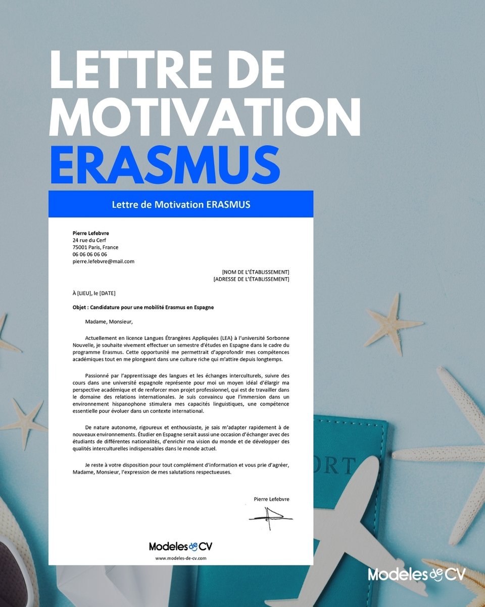 ModelesdeCV's tweet photo. 🌍 Une lettre de motivation Erasmus réussie peut tout changer ✈️

Voici un exemple prêt à l’emploi pour décrocher votre place à l’étranger 👇
 https://t.co/70HMfApNmF

#erasmus #lettredemotivation #etudiant #international #modelesdecv https://t.co/Bz3H1A9QWi