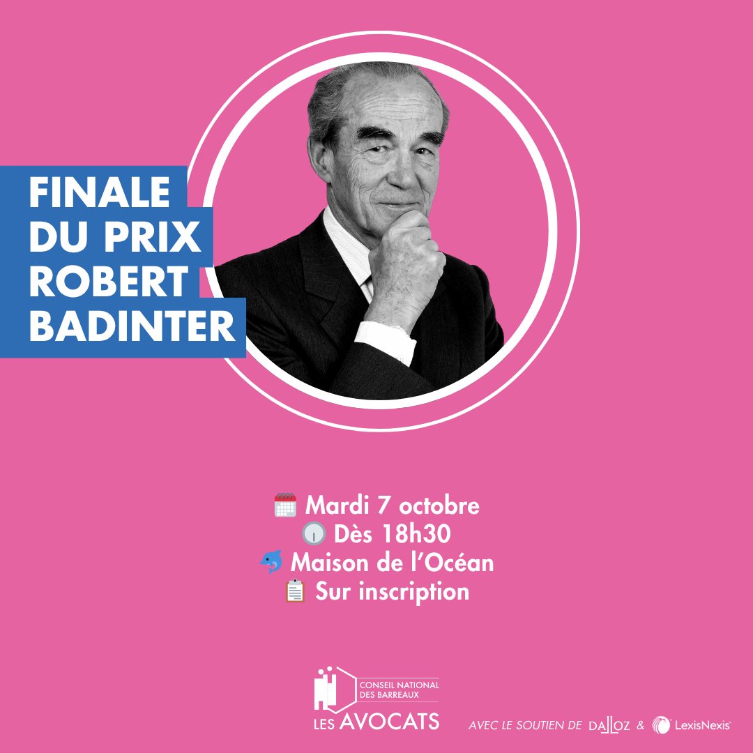 📢 J-1 avant la finale du Prix Robert Badinter !

Le 7 octobre, les 8 finalistes du Prix Robert Badinter défendront leurs idées devant un jury d’exception !
Un moment fort pour faire vivre la mémoire de notre éminent confrère et encourager la réflexion sur les libertés