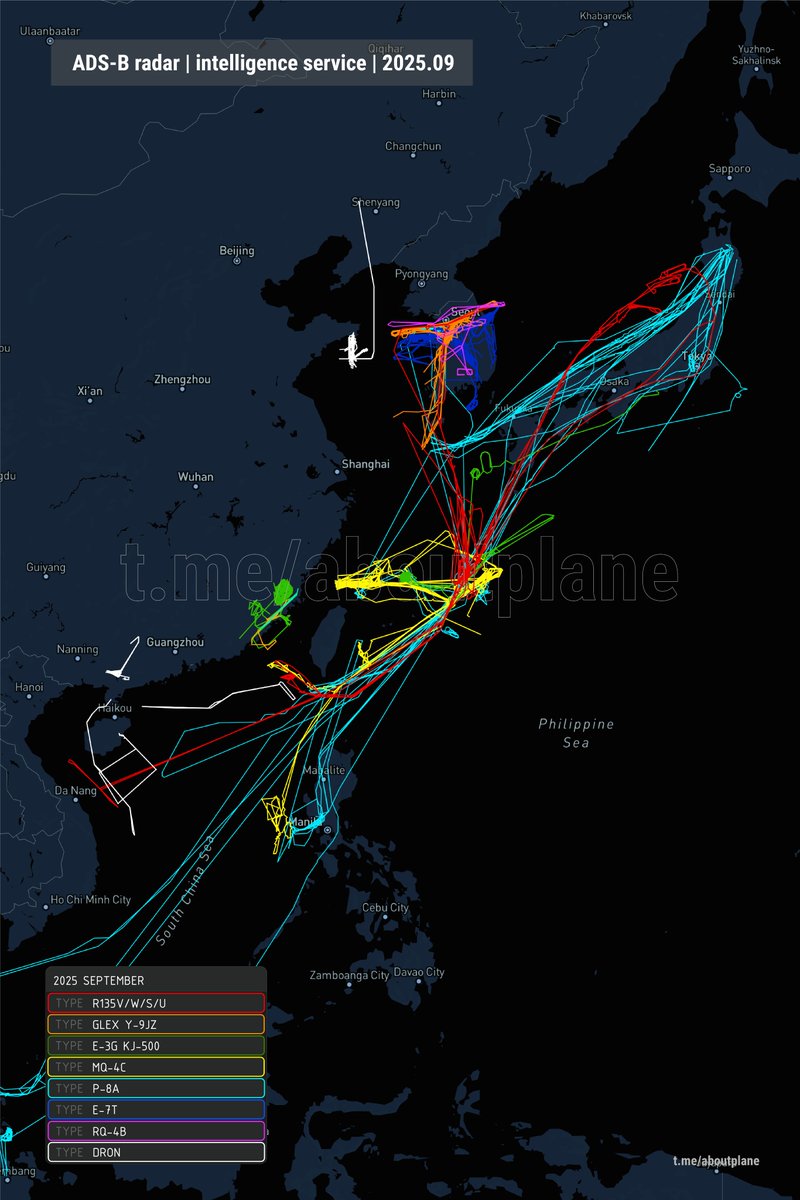 about_plane's tweet image. September 2025 | East Asia
🇺🇸 Boeing RC-135W Rivet Joint
🇺🇸 Boeing RC-135U Combat Sent 
🇺🇸 Boeing RC-135S Cobra Ball
🇺🇸 Northrop Grumman MQ-4C Triton
🇺🇸 Boeing E-3G Sentry
🇺🇸 Boeing P-8A Poseidon
🇺🇸 Bombardier Global 6500 ATHENA
🇰🇷 Northrop Grumman RQ-4B Global Hawk 
🇰🇷 Boeing…