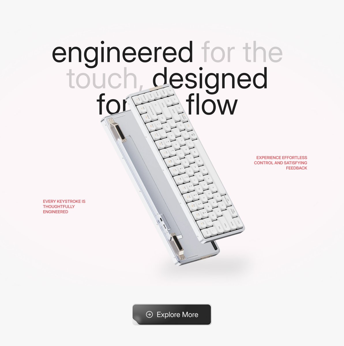 EmuraStudio's tweet image. A homepage concept for a low-profile mechanical keyboard minimalist, refined, and product-first. 
Smooth visuals, warm tones, and clean typography bring tech and lifestyle together. ⌨️✨

#UIDesign #KeyboardDesign #ProductDesign #MechanicalKeyboard #DesignInspiration