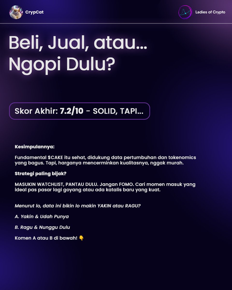 $CAKE ini antara jadi harta karun atau malah bikin boncos, ya? 

Daripada pusing liatin chart doang, mending kita bedah mesin di dalemnya pake DATA.

Kita bongkar semuanya, dari valuasi sampe data pertumbuhan bulanannya. Geser sampe mentok &amp; tentukan langkah lo selanjutnya!

Dan