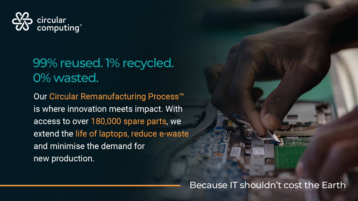 E-waste is the world’s fastest-growing waste stream - 62M tonnes in 2022.

At #CircularComputing, we’re turning that challenge into action. Our #CircularRemanufacturingProcess™ extends #laptop life, saves #resources while producing zero #ewaste.

circularcomputing.com/remanufacturin…