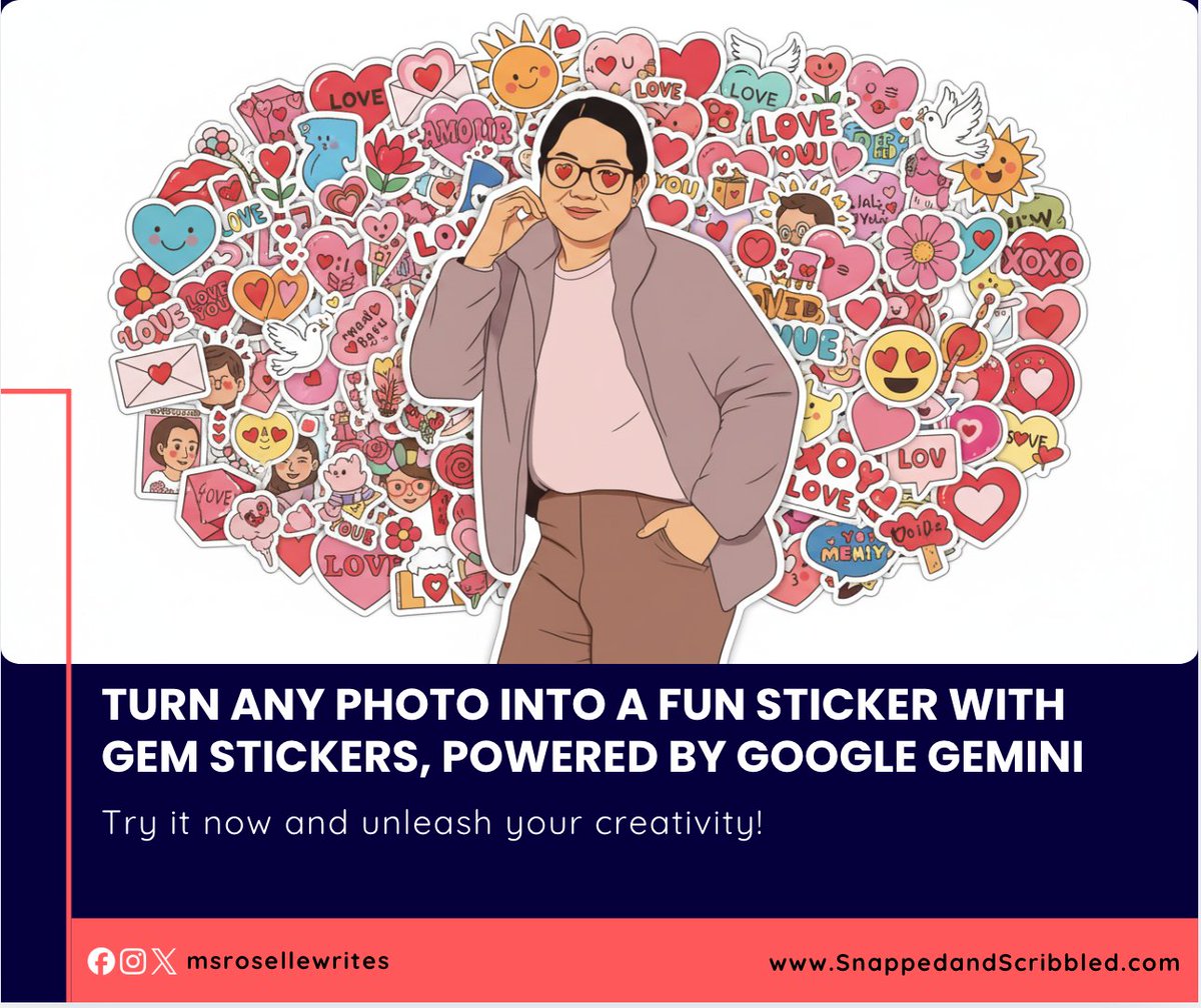 msrosellewrites's tweet photo. Transform your selfies, pet pics, or favorite memories into cool custom stickers with Gem Stickers, powered by Google Gemini! โจ๐จ Try it now and see how easy creativity can be. ๐ซhttps://t.co/vft9Tk85Jc
#GemStickers #GoogleGemini #AIArt https://t.co/cBgwQPVkOI