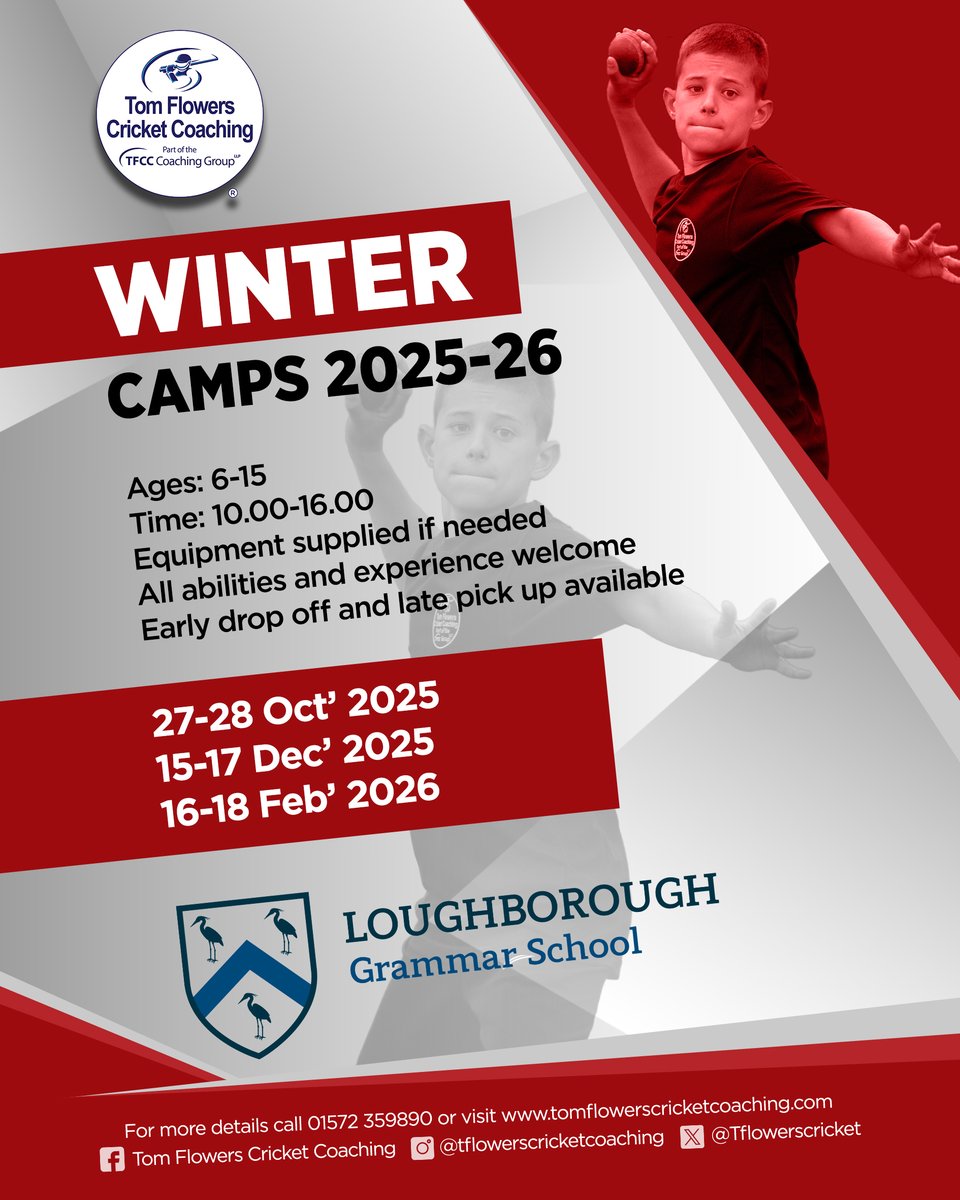 🚨 Don't miss out on our Winter Camps at <a href="/LboroGrammar/">Loughborough Grammar School</a>!

🏏 Delivered by ECB-Qualified Coaches
👦 Ages 6–15
👧 Ages 6–17
🕙 10 am–4 pm
🚗 Early Drop-Off/Late Pick-Up Available
Skills ✔️ Drills ✔️ Fun ✔️ Prizes ✔️

⚠ Limited places
📲 Book now:  tomflowerscricketcoaching.com/winter-camps.h…