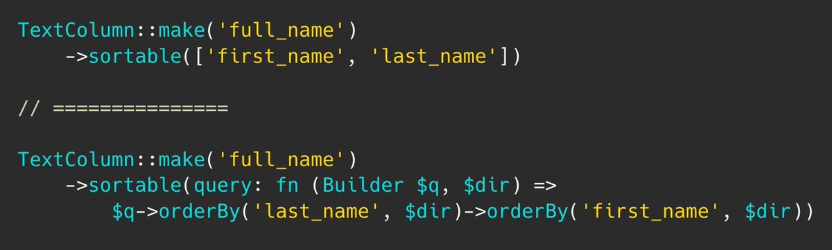 PovilasKorop's tweet image. Tip on @filamentphp.
Use `sortable()` with *MULTIPLE* DB columns to sort on computed values.
Great for virtual fields like `full_name` that don’t exist in your database.
Link to docs: filamentphp.com/docs/4.x/table…
#practicalFilamentDocs