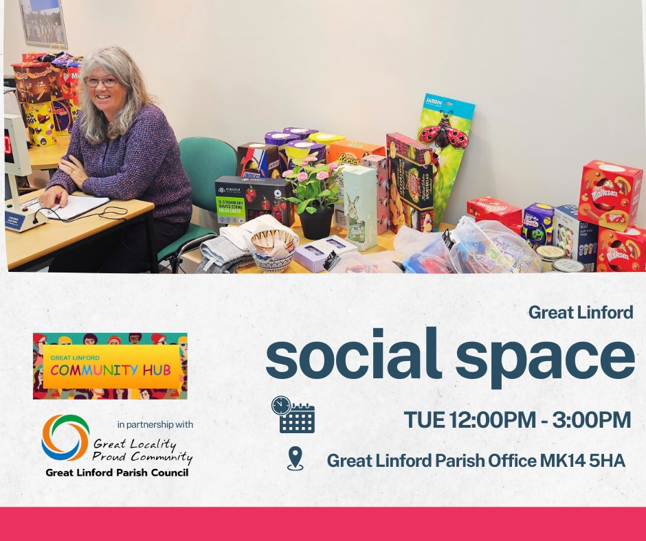 GreatLinfordPC's tweet image. Great Linford Community Hub, in partnership with Great Linford Parish Council, is delighted to invite you to our Social Space every Tuesday from 12pm – 3pm!
#GreatLinfordHub #SocialSpace #LocalCommunity