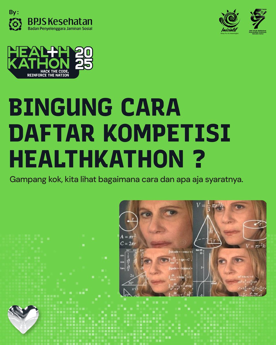 healthkathon_id's tweet image. Gak perlu pusing tujuh
keliling mikirin rumus. Mendaftar Healthkathon 2025 itu jauh lebih mudah dari yang kamu kira! Kami permudah prosesnya, biar kamu bisa fokus ke coding &amp;amp; inovasi!

healthkathon.bpjs-kesehatan.go.id

#healthkathon2025 #bpjskesehatan #hackthecode #innovationsystem