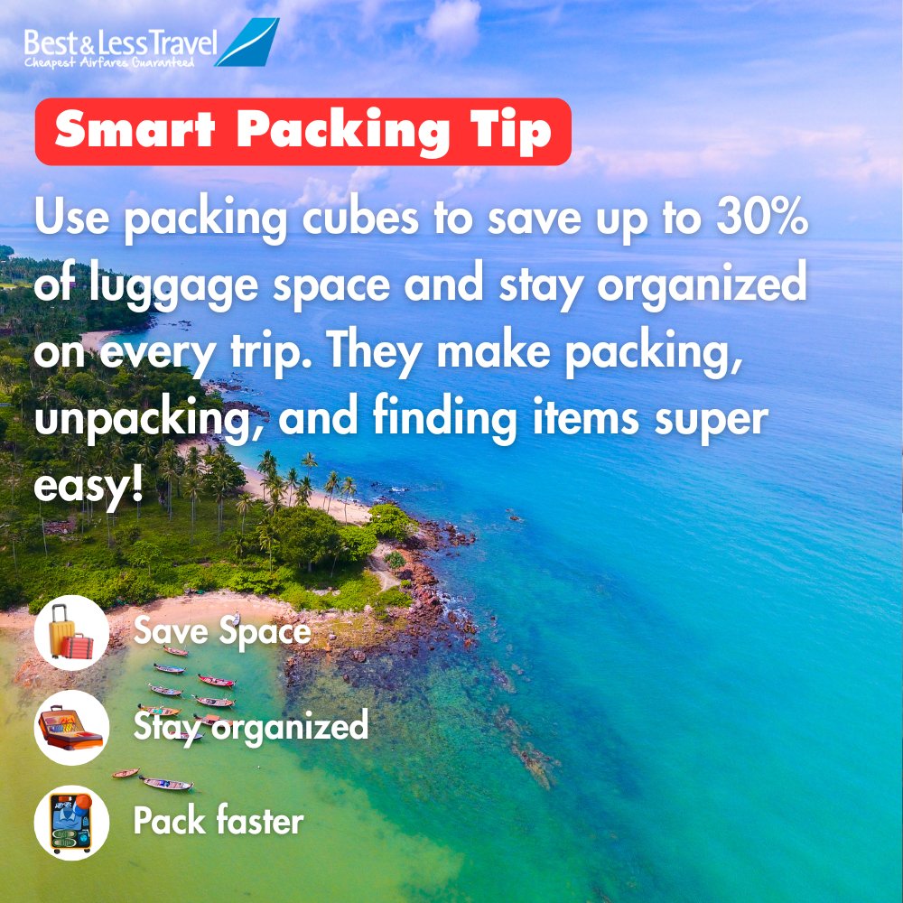 bestnlesstravel's tweet image. Travel smarter, not harder! Packing cubes are the secret to stress-free trips — save space, stay organized, and unpack in seconds. 🌴🧳 #TravelTips #SmartPacking #Wanderlust #TravelHacks #BestAndLessTravel #PackLikeAPro #AdventureReady