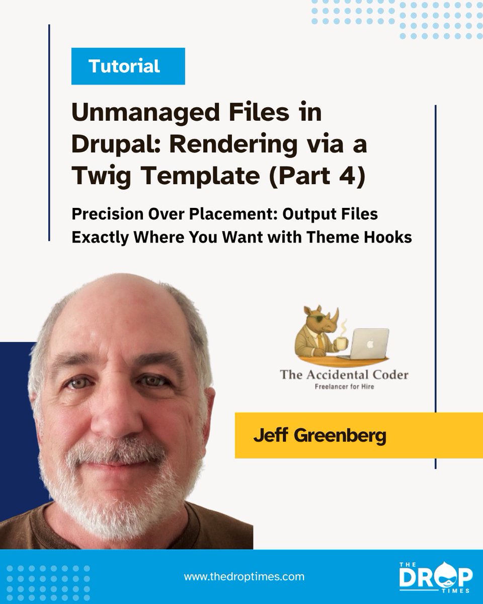 thedroptimes's tweet image. Jeff Greenberg (@impliedintellect) shares a block-free way to render unmanaged files in Drupal.
Use hook_theme() + controller to inject templates with tight control.
🔗 bit.ly/4nEqzcN
#Drupal #Twig #DrupalDev #CMS