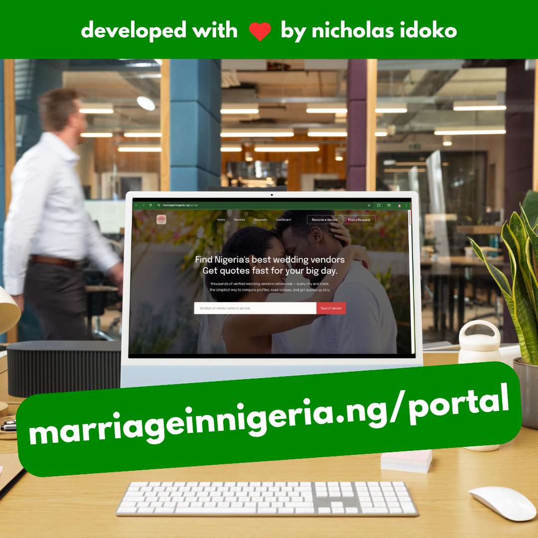 Nicholas Idoko Technologies (@nitechnologies) on Twitter photo We just shipped a nationwide Wedding Vendor Portal: verified profiles, live requests, fast quotes, smart filters—built on LAMP/Pure PHP by Nicholas Idoko Technologies (2025).
See it: marriageinnigeria.ng/portal
Hire us: nicholasidoko.com · office@nicholasidoko.com We just shipped a nationwide Wedding Vendor Portal: verified profiles, live requests, fast quotes, smart filters—built on LAMP/Pure PHP by Nicholas Idoko Technologies (2025).
See it: marriageinnigeria.ng/portal
Hire us: nicholasidoko.com · office@nicholasidoko.com