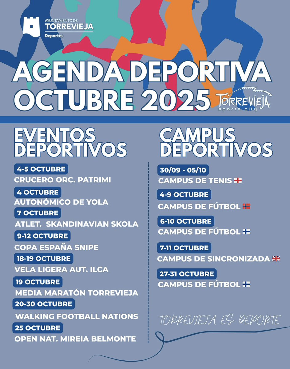 📆 ¡AGENDA DEPORTIVA PARA ESTE MES DE OCTUBRE!
#TorreviejaEsDeporte
#🤾‍♂️⚽️🏀🏓🏒🥋🤸‍♂️⛹️🏊🏻‍♂️🚣🏻🚴🏉🏆
@DeportesAyuntamientoTorrevieja
#JuntosSomosMasFuertes