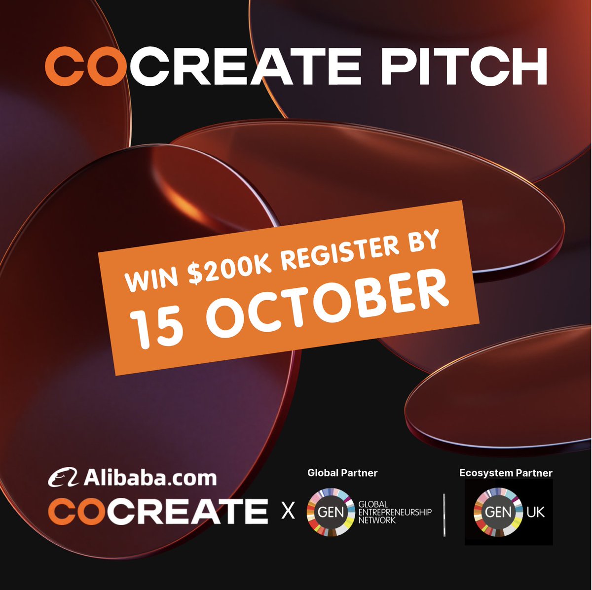 TheGENUK's tweet photo. Win $200k or $10k for top 10 runners up in CoCreate startup pitch competition by GEN and Alibaba. Apply now! Closes 15 Oct London Finals 14 Nov. Details here – https://t.co/XOxD6yNX8Z #cocreatepitch #startup #founder #entrepreneur #pitch https://t.co/XqtoovvqLS