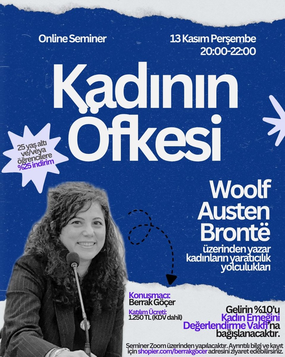 berrakgocer's tweet photo. 13 Kasım Perşembe saat 20.00'da “Kadının Öfkesi” adlı online seminere bekleniyorsunuz!
“Kendine Ait Bir Oda”dan yola çıkarak, yaratıcı kadının haklı öfkesi yaratımını nasıl etkiler, diye soracağız. Woolf'un örnek verdiği “Gurur ve Önyargı” ve “Jane Eyre” romanlarını ele alacağız. https://t.co/dq5XTbSY4v