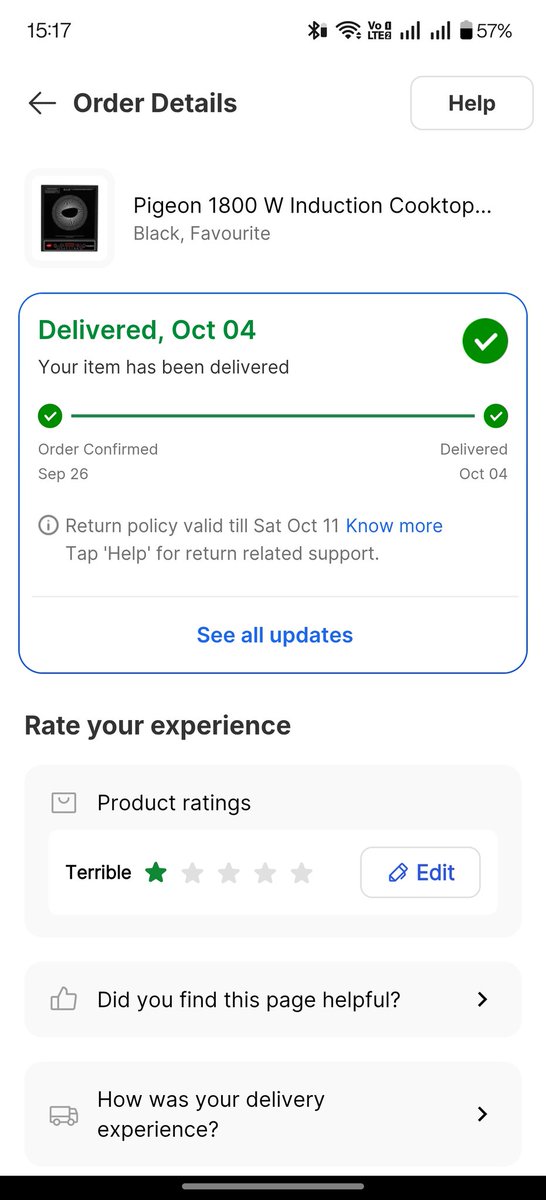 Akshaykapaley's tweet photo. @Flipkart @flipkartsupport @StovekraftLtd I have ordered a pigeon 1800 watt induction and it is continuously showing E3 error and as shown in picture attached as return policy is valid till 11 oct then why I am not able to return it need a speedy response on this @jagograhakjago https://t.co/7uMRcgVVOD