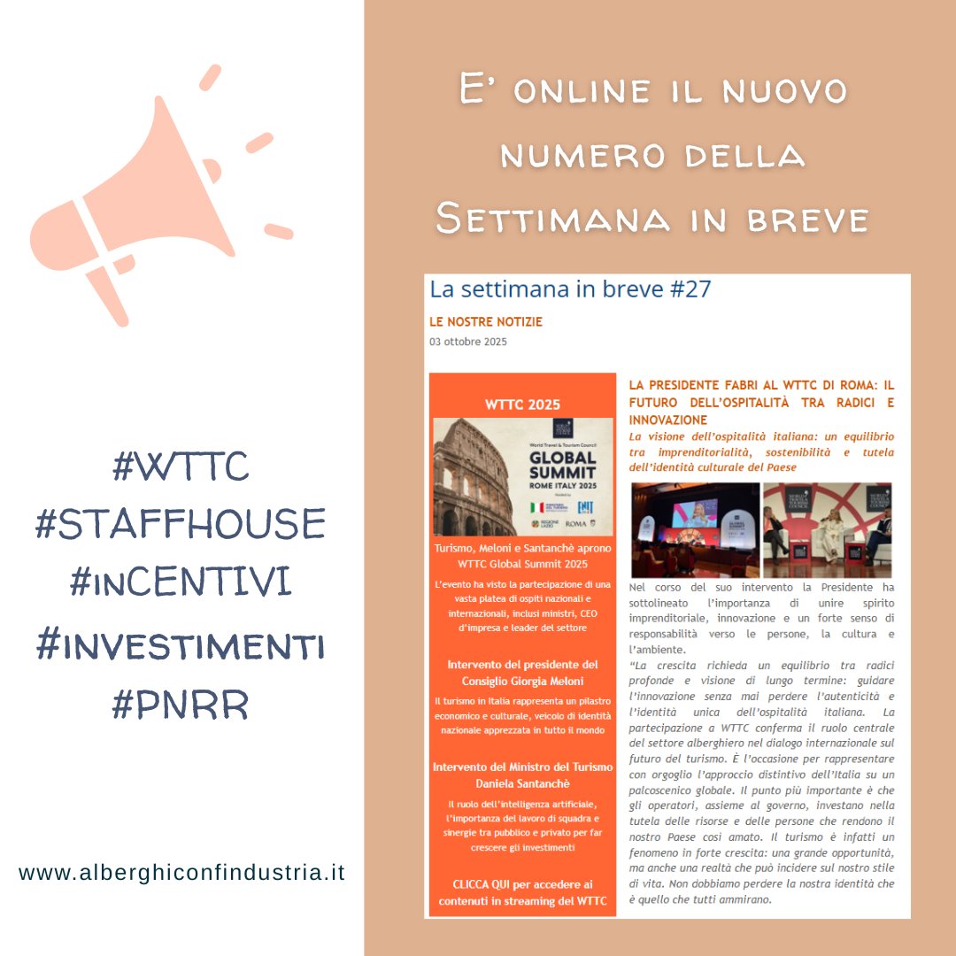 E' online il nuovo numero della SIB:
#WTTC
#STAFFHOUSE
#INCENTIVI
#INVESTIMENTI
#PNRR
Leggi la SIB al seguente link alberghiconfindustria.it/tema/news/noti…