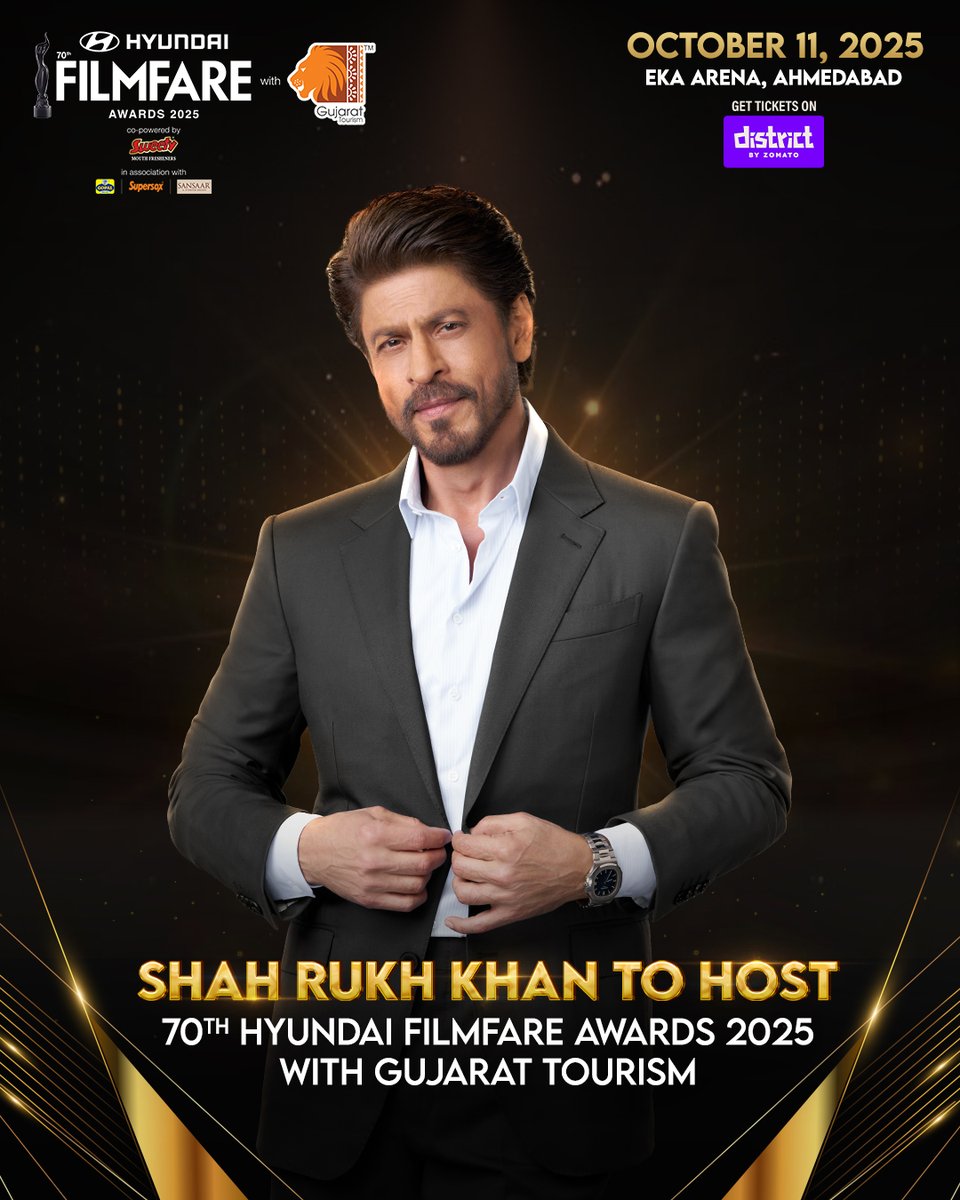 filmfare's tweet photo. One Unforgettable Night, Three Hosts, and Endless Entertainment 💫

#ShahRukhKhan, #KaranJohar, and #ManieshPaul bring the glamour, laughter, and magic to the #70thHyundaiFilmfareAwards2025withGujaratTourism on October 11, at Eka Arena, Ahmedabad .✨

Book your seats for the celebration now: https://t.co/PfKlmxt4TL

Title Partner: @HyundaiIndia 

Destination Partner: @GujaratTourism 

Co-Powered By: Sweety by MR Group

Associate Partners: @Gopal_Namkeen 

@Supersox_India 

Sansaar A D'Decor Brand

#70thFilmfareAwards2025withGujaratTourism #GujaratTourism #FilmfareAwards2025 #Filmfareawards #Filmfare #FilmfareInGujarat #KuchhDinToGuzaroGujaratMein #KhushbuGujaratKi #TheLandOfLegends

#HyundaiIndia